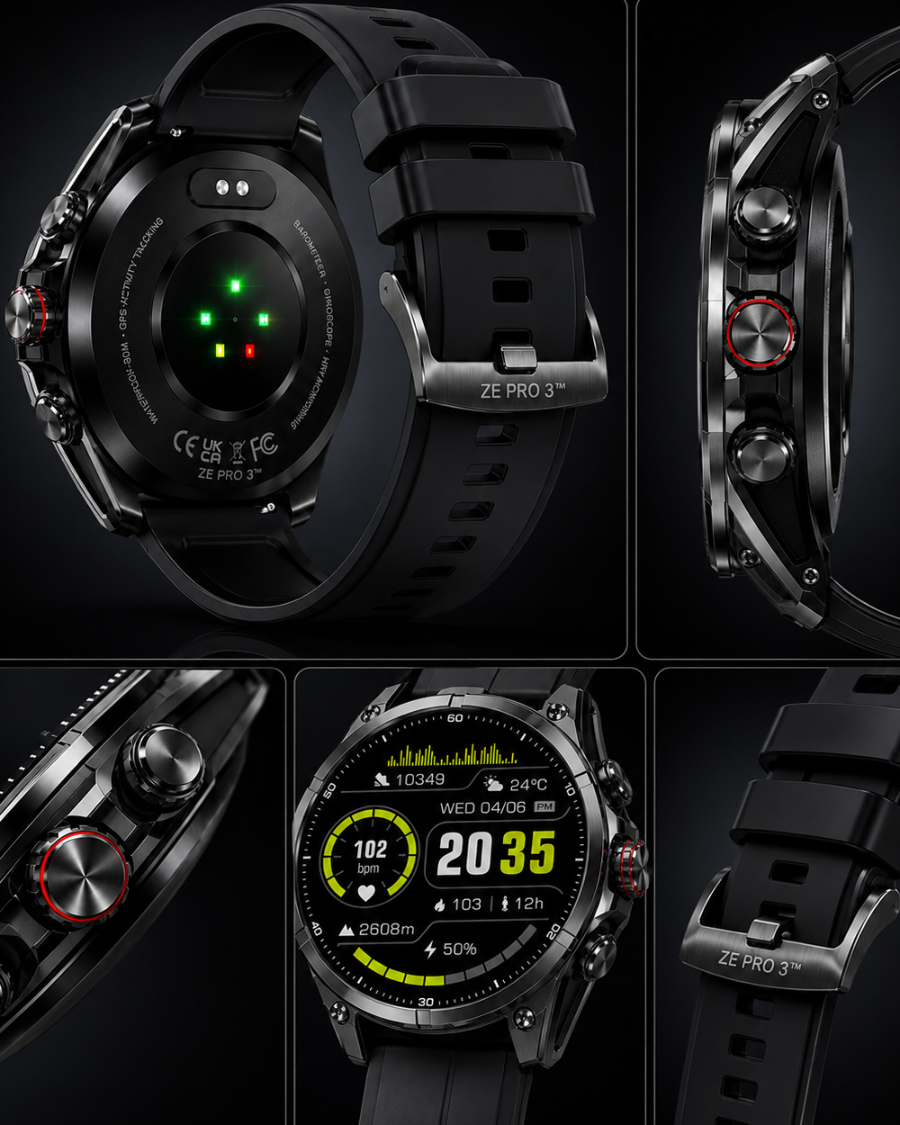 Collage of a black ZE Pro 3 smartwatch with various angles and display details on a dark background.
