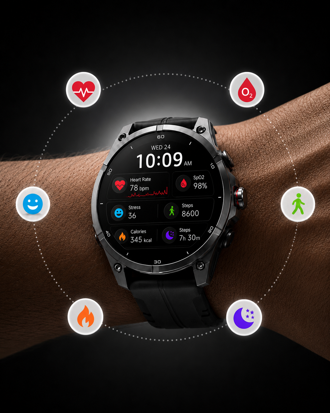 ZE Pro 3 Smartwatch on a wrist with various icons and metrics displayed