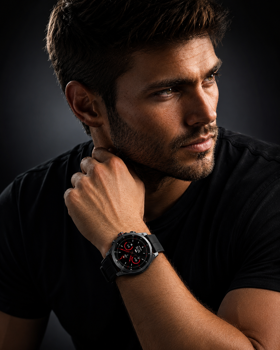 Man wearing a ze pro 3 black smartwatch with a dark background