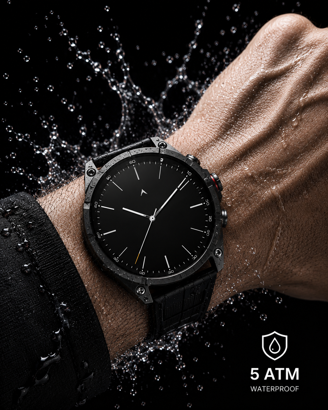 ZE Pro 3 Smartwatch with a black dial and black strap worn on a person's wrist, surrounded by dramatic water droplets and splashes against a black background. A white '5 ATM WATERPROOF' badge appears in the lower right corner.