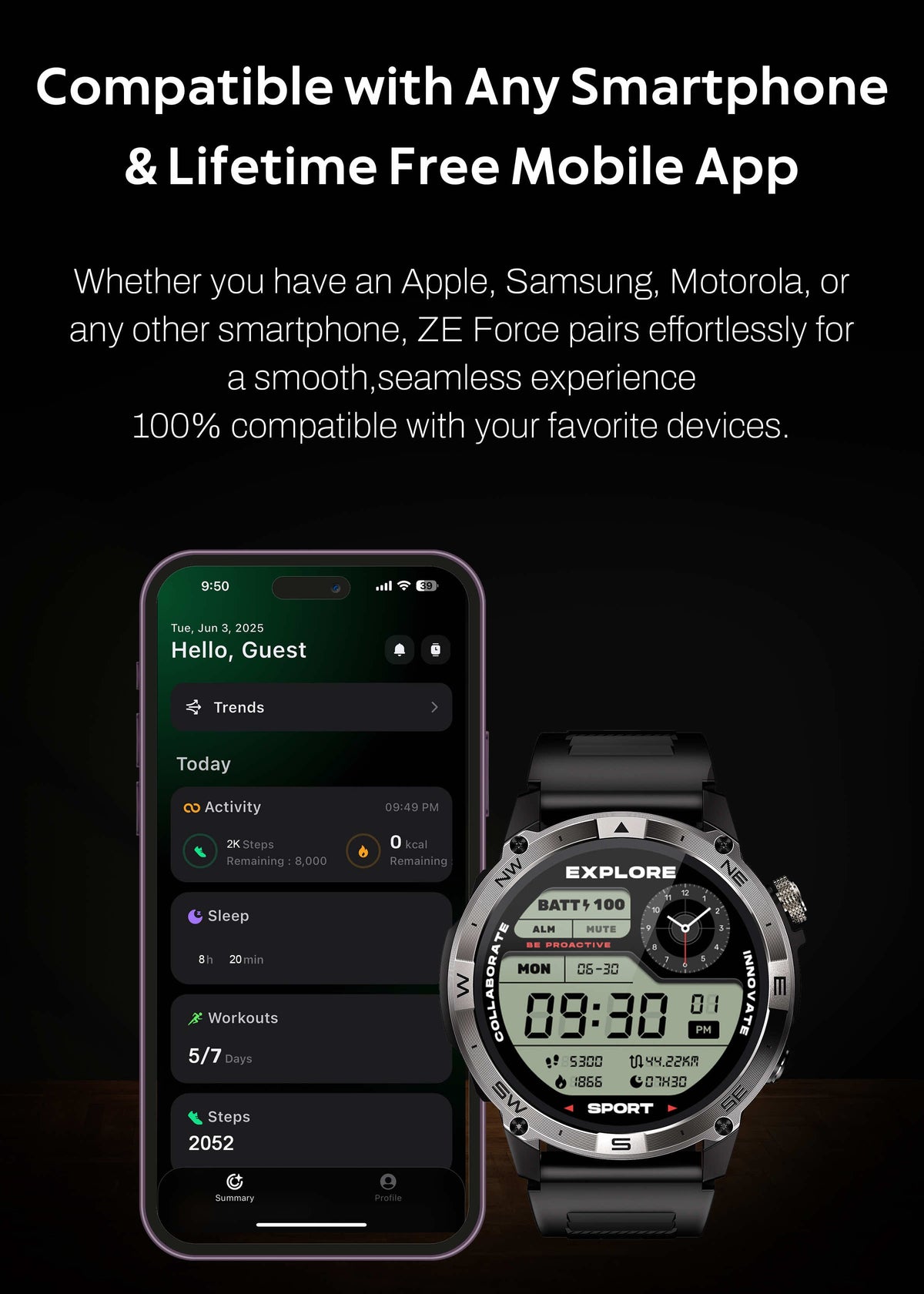 ZE™ Force Smartwatch | AMOLED Always On Display, Satellite GPS, Monitor Stress