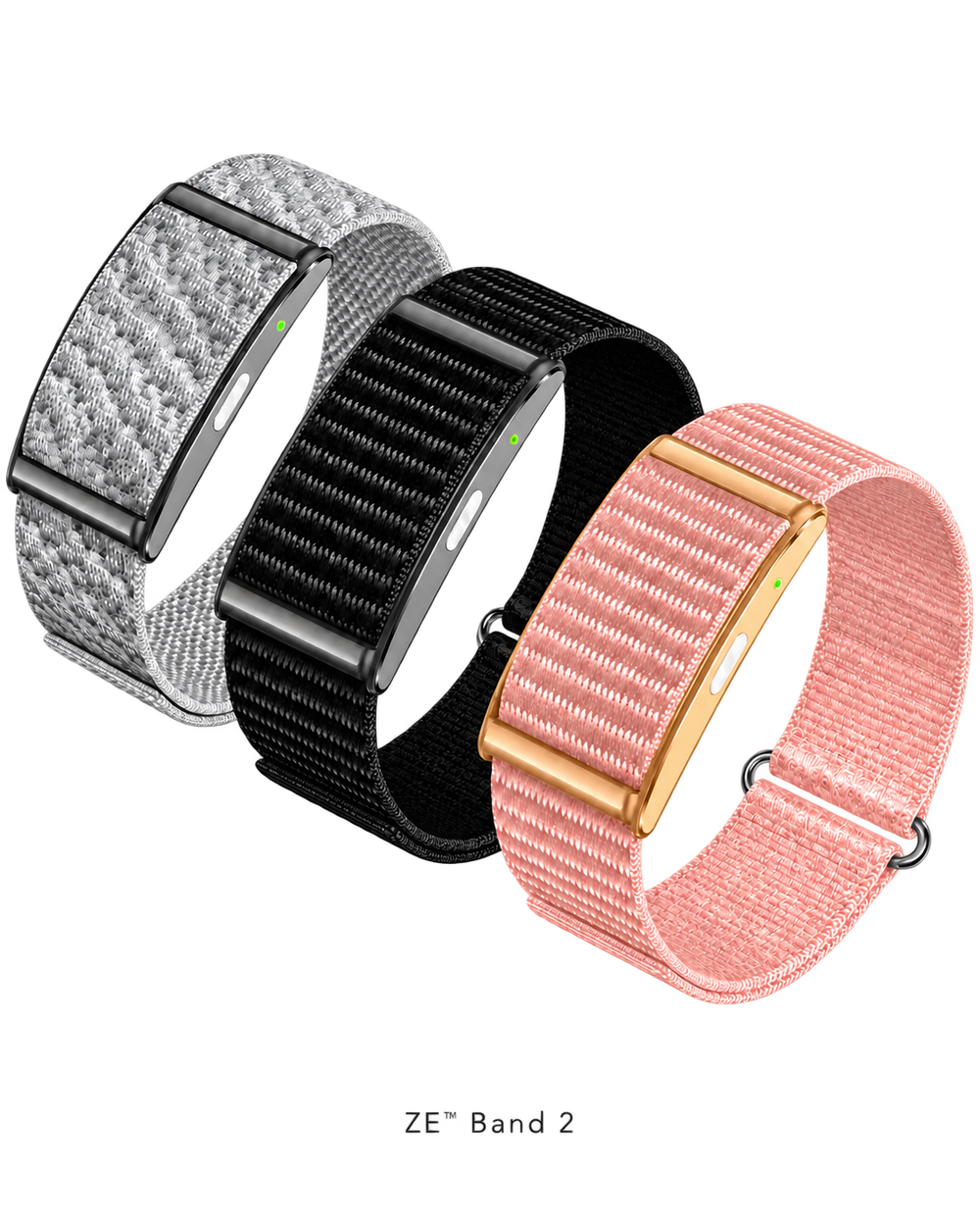 ZE Band 2 screen-free health band in black, grey and pink