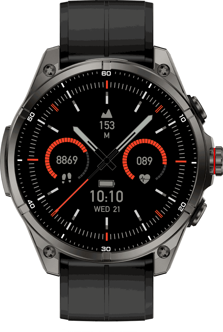 ZE Pro 3 smartwatch with a black strap, showing a compass on its always-on display
